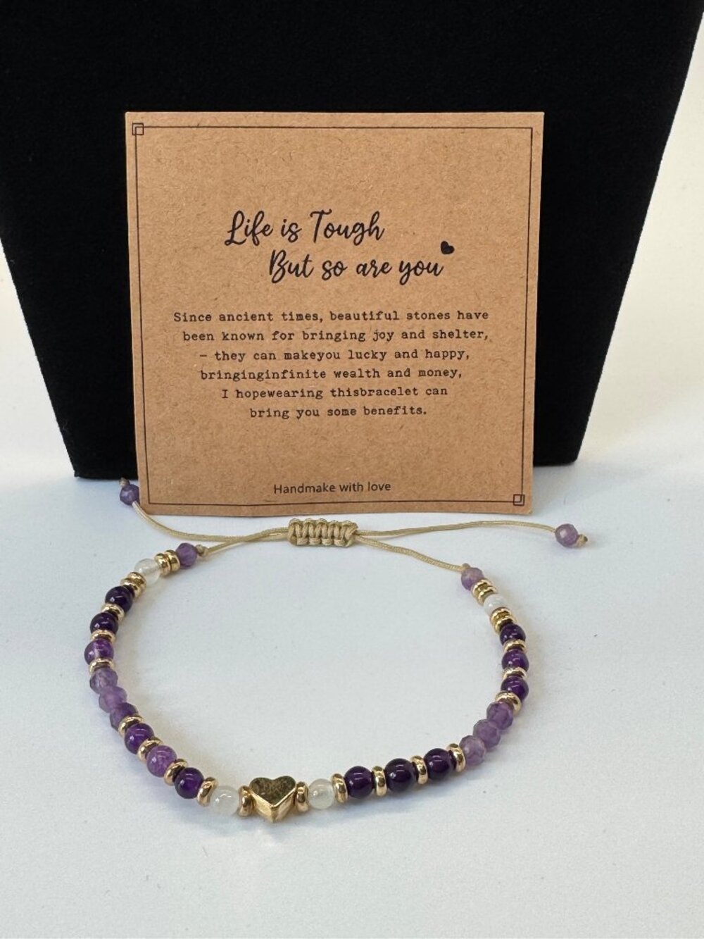 Handmade Amethyst Beaded Bracelet Gold Heart Adjustable Purple Gemstone Bracelet